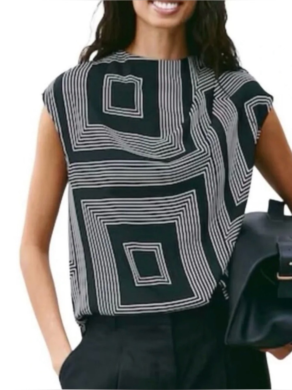 H&M Black & White Geometric Print Draped Blouse